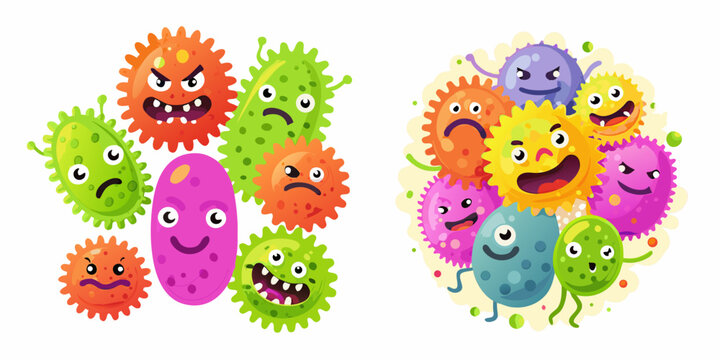 Cartoon germs and bacteria with funny faces colorful vector illustration