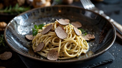 Naklejka premium Luxurious close-up of spaghetti pasta with creamy sauce and black truffle shavings