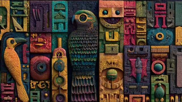 Intricate Ancient Civilization Relief Carving Featuring Birds, Figures, and Hieroglyphs in Vibrant Colors, Detailed Stone Texture, Archaeological Discovery.