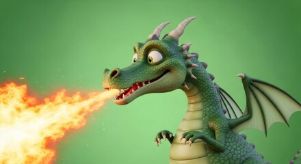 Obraz premium Cartoon green dragon breathing fire on a chroma key background. Fantasy creature for video effect and animation. Mythical mascot.
