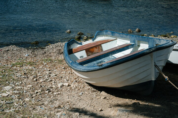White rowboat on rocky lakeshore in serene outdoor setting with calm water