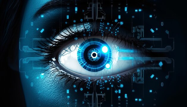 ecurity access technology as eye scan and viewing digital information. Human eye with scanning for personality identification. Cyber security identity verification.