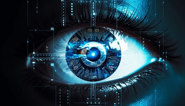 ecurity access technology as eye scan and viewing digital information. Human eye with scanning for personality identification. Cyber security identity verification. - Powered by Adobe