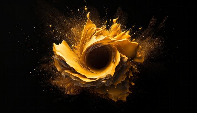 Explosion of gold golden yellow powder on black background. Burst splash inks in elegance glamour style.