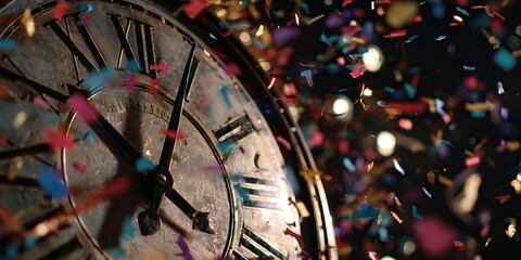 Midnight Clock Striking Twelve with Falling Confetti