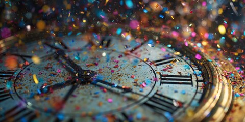 Midnight Clock Striking Twelve with Falling Confetti