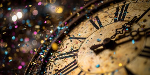 Midnight Clock Striking Twelve with Falling Confetti