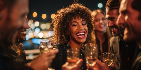 A cool and contemporary wide shot of a diverse group of modern friends, laughing and clinking glasses with celebratory drinks at a stylish rooftop New Year's party.