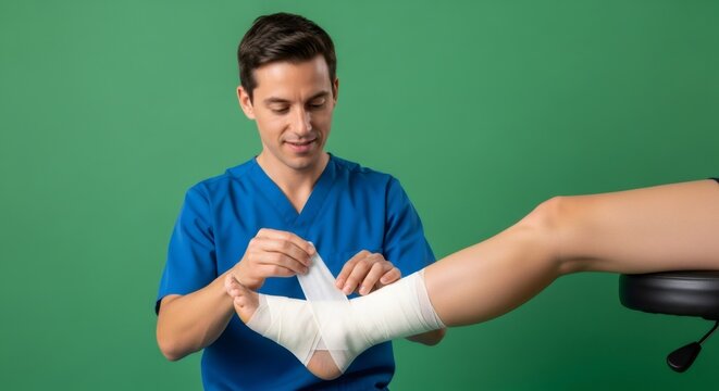Male doctor putting bandage on woman's leg against green screen background. Medical care and treatment concept. First aid. - Powered by Adobe