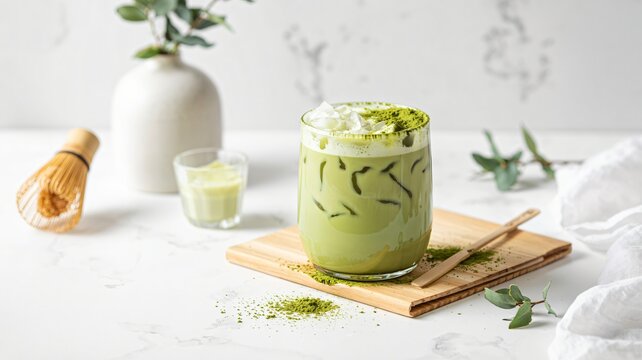 Minimalist clean close-up of an iced matcha latte on white marble