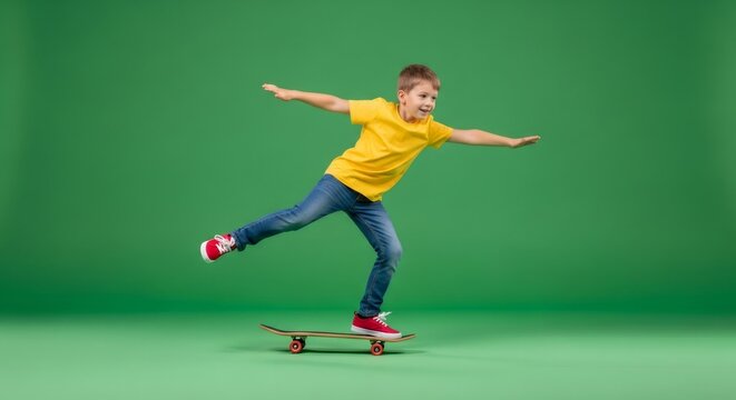 Boy on skateboard against green screen. Kid playing on chroma key background for effect. Happy child.