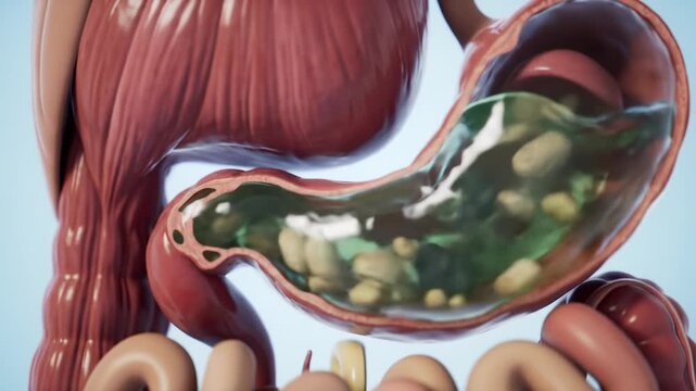 Macro 3D human stomach video, dolly-in, gastric rugae, churning greenish liquid, food particles, peristalsis on light blue background, scientific visualization concept