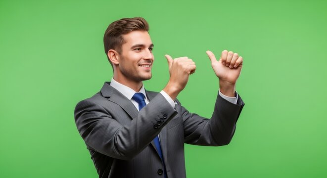 Young man showing thumbs up gesture on a green screen for chromakey. Satisfied businessman giving sign of success. Perfect for business concept. - Powered by Adobe