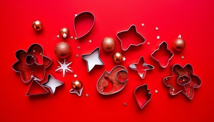 Flatly cookie cutters on a red background. Sequins and Christmas toys on a red background