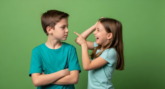 Little girl teasing boy. Happy kid making fun of her brother. Siblings playing game together. Effect for chromakey isolated on green screen. - Powered by Adobe