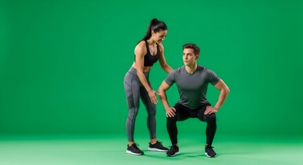 Woman personal trainer helping man doing squat exercise. Fitness workout isolated on green screen. Sports activity effect for chromakey.