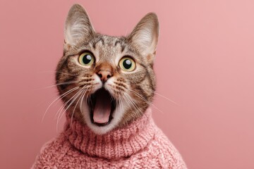 Astonished Tabby in Cozy Knit: This tabby cat wearing a cozy knit sweater, is captured in a moment of pure surprise, eyes wide open, mouth agape, on a backdrop of soothing pink.