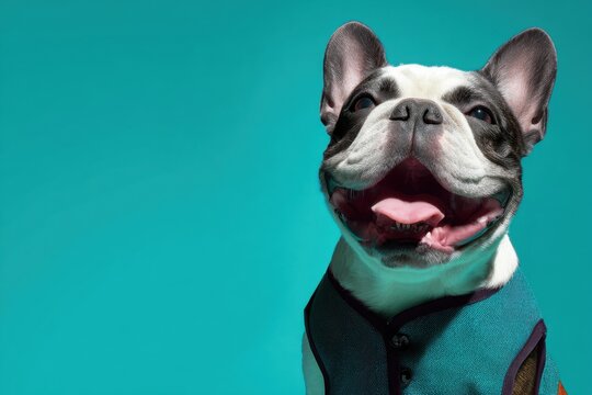 Joyful Pup: A charming French Bulldog with a delightful expression, its tongue peeking out in a candid moment, posed against a vibrant teal backdrop. - Powered by Adobe