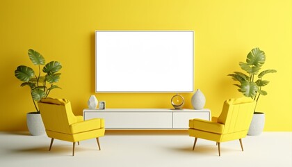 Fototapeta premium Front view on blank white tv screen with space for your logo or text in yellow colors living room with vintage style armchairs, carpet and flower pot. 3D rendering, mock up 