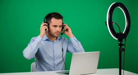 Young man wearing headset with microphone, sitting at laptop and ring lamp equipment, on green screen background. Video blogging concept.