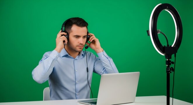 Young man wearing headset with microphone, sitting at laptop and ring lamp equipment, on green screen background. Video blogging concept.