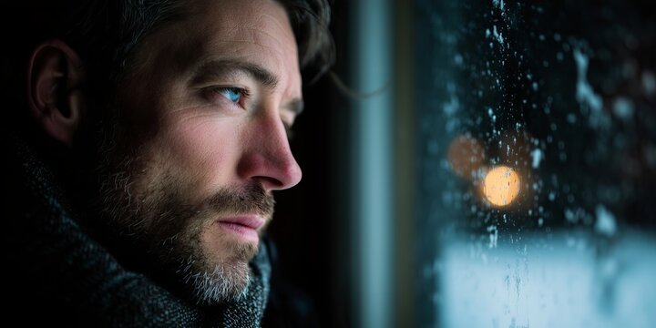 Thoughtful Man Reflecting by Snowy Window at Christmas