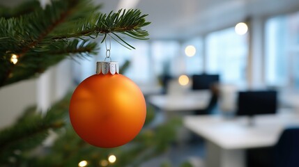 Festive office decor with orange bauble on christmas tree branch