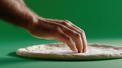 Male hands preparing pizza dough on green background