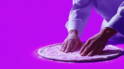 Chef preparing pizza dough on vibrant purple surface