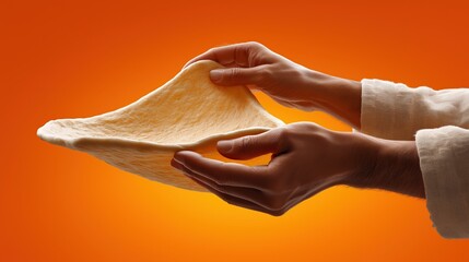 Hands stretching pizza dough against vibrant orange background