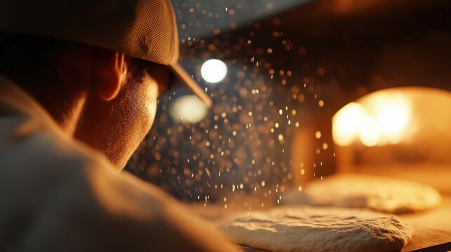 Male baker preparing dough near oven with flour particles in the air - Powered by Adobe