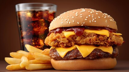 Juicy cheeseburger with fried chicken, fries, and soda on wooden table