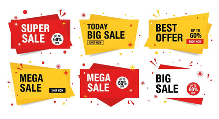 Large collection of six colorful promotional banners offering up to sixty percent off savings and best deals