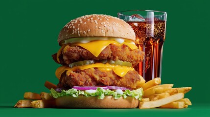 Double chicken cheeseburger with fries and soda on green background