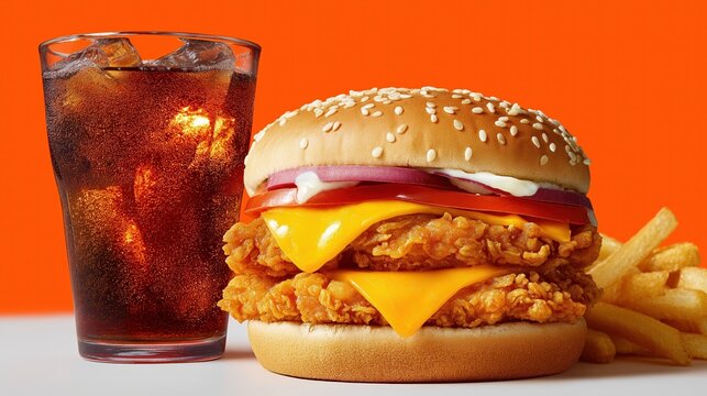 Crispy chicken burger meal with cheese, soda, and fries on orange background - Powered by Adobe