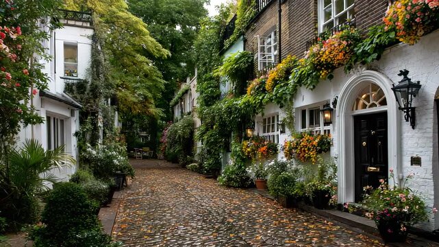 Quaint London Mews Street with Cobblestone Pavement, Lush Greenery, and Colorful Flower Boxes in Autumn Season, Charming Architecture