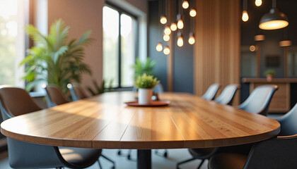 Modern meeting room with wooden table and soft natural lighting