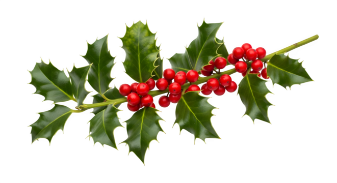 Realistic holly branch with bright red berries and green leaves on transparent background