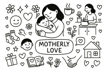 Motherly Love Icons. Motherly Love. Hand-drawn doodle illustration Motherly Love mom holding child, heart, blanket, flowers, cup of tea, notebook, gift, warm