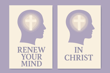 Renewal in Christ Banners. Mind Renewal. Two vertical A6 banners with safe margins, centered composition, no elements touching edges, modern, lavender and