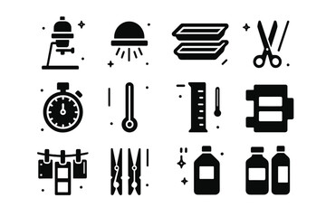 Obraz premium Darkroom Tools Icons. Darkroom Tools. Solid icons set of Darkroom Tools: enlarger, safe light, trays, tongs, timer, thermometer, graduated cylinder, negative