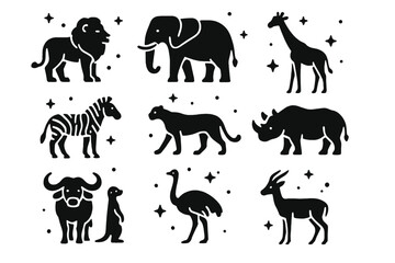 Obraz premium Savanna Animal Icons. Savanna Animals. Solid icons set of Savanna Animals: lion, elephant, giraffe, zebra, cheetah, rhino, buffalo, ostrich, hyena, meerkat,