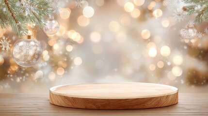 Wood slice podium with festive christmas background