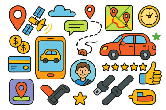App Transport Doodle. App-based transport. Colorful Hand-drawn doodle Children illustration App-based transport smartphone, car, map route, location pins,
