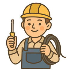 Hand draw electrician worker holding screwdriver and cable vector illustration