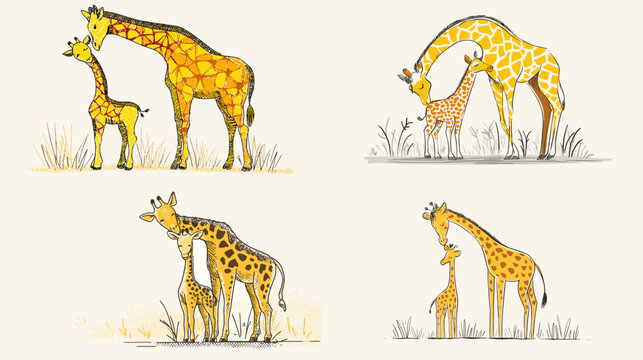 Bright illustration of a giraffe parent and calf interacting in the savanna, featuring tall graceful poses, warm yellow tones, and gentle lines that highlight wildlife bonding.