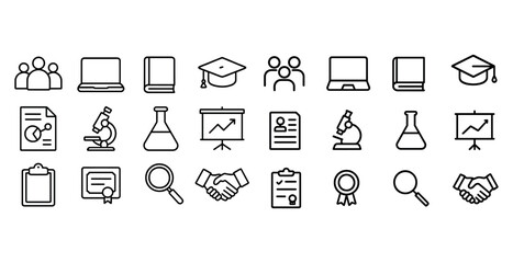 Set of education and business icons: laptops, graduation caps, microscopes, certificates