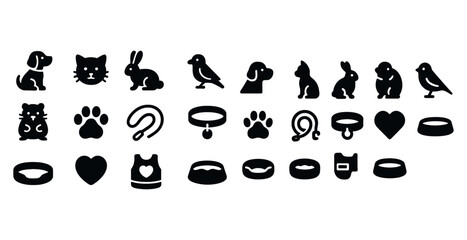 Black pet icon set including dog cat rabbit bird hamster accessories