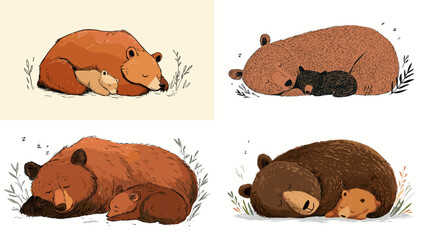 Cozy illustration of a bear and cub sleeping together in a forest setting, showcasing warmth, protection, and maternal bonding in soft textured colors and gentle artistic style.