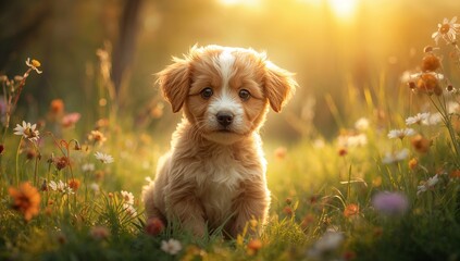 Chiot adorable, joli mammifère domestique, chien assis et paisible, portrait d’un animal de compagnie tendre et amical, exprimant douceur et complicité.